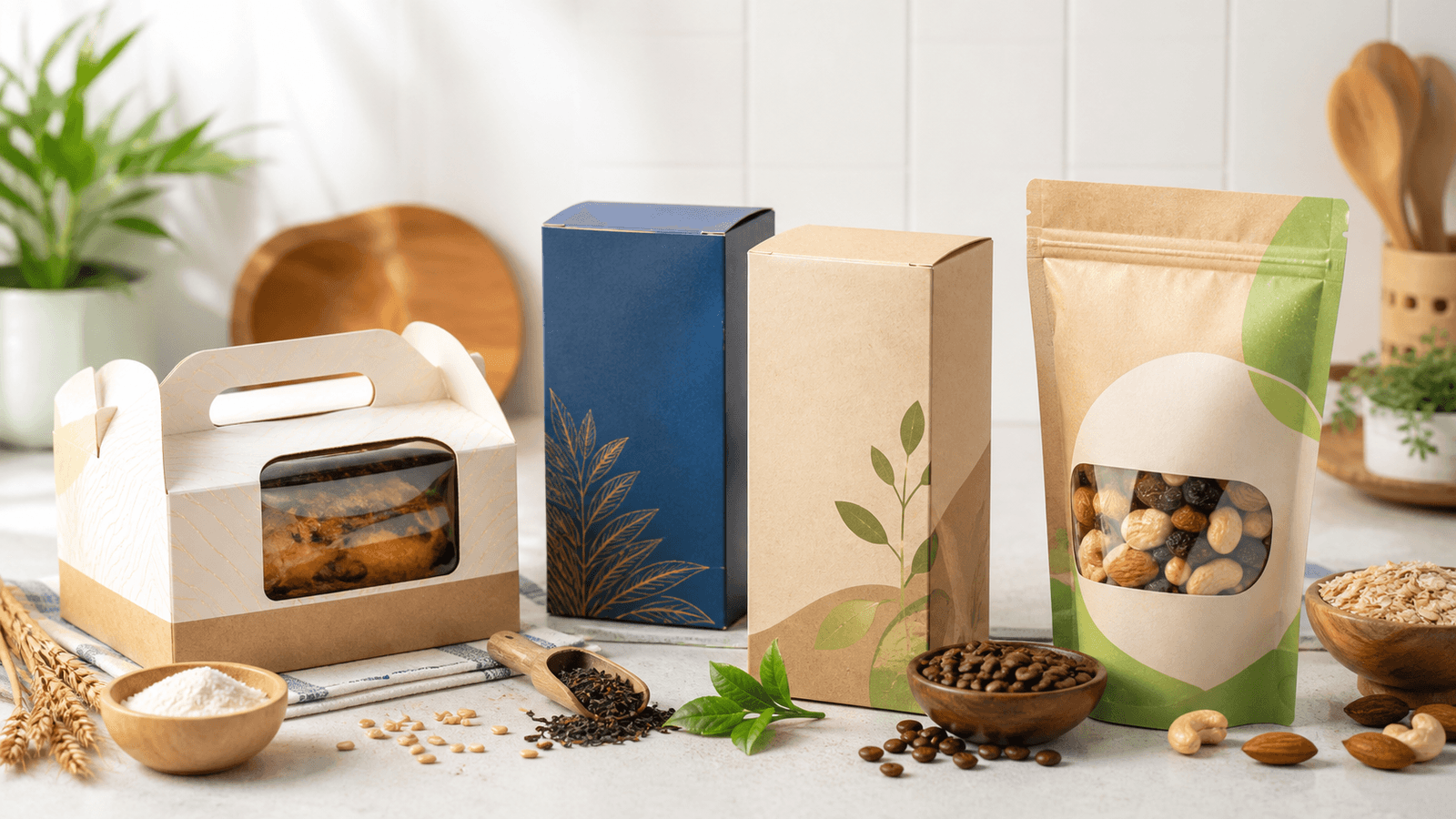 Bộ bao bì thực phẩm gồm hộp bánh hộp trà cà phê và túi hạt